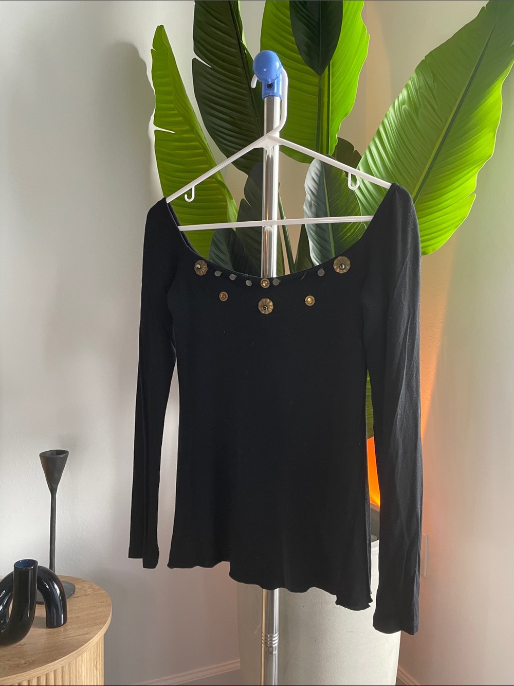 Athena Black Long Sleeve Scoop Neck Top with Gold Button Accents